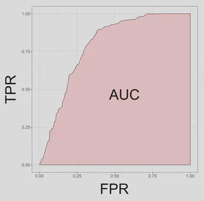 An example of ROC curve and the area under the curve (AUC). ROC curve plots TPR vs. FPR at different classification thresholds. AUC measures the area under the entire ROC curve